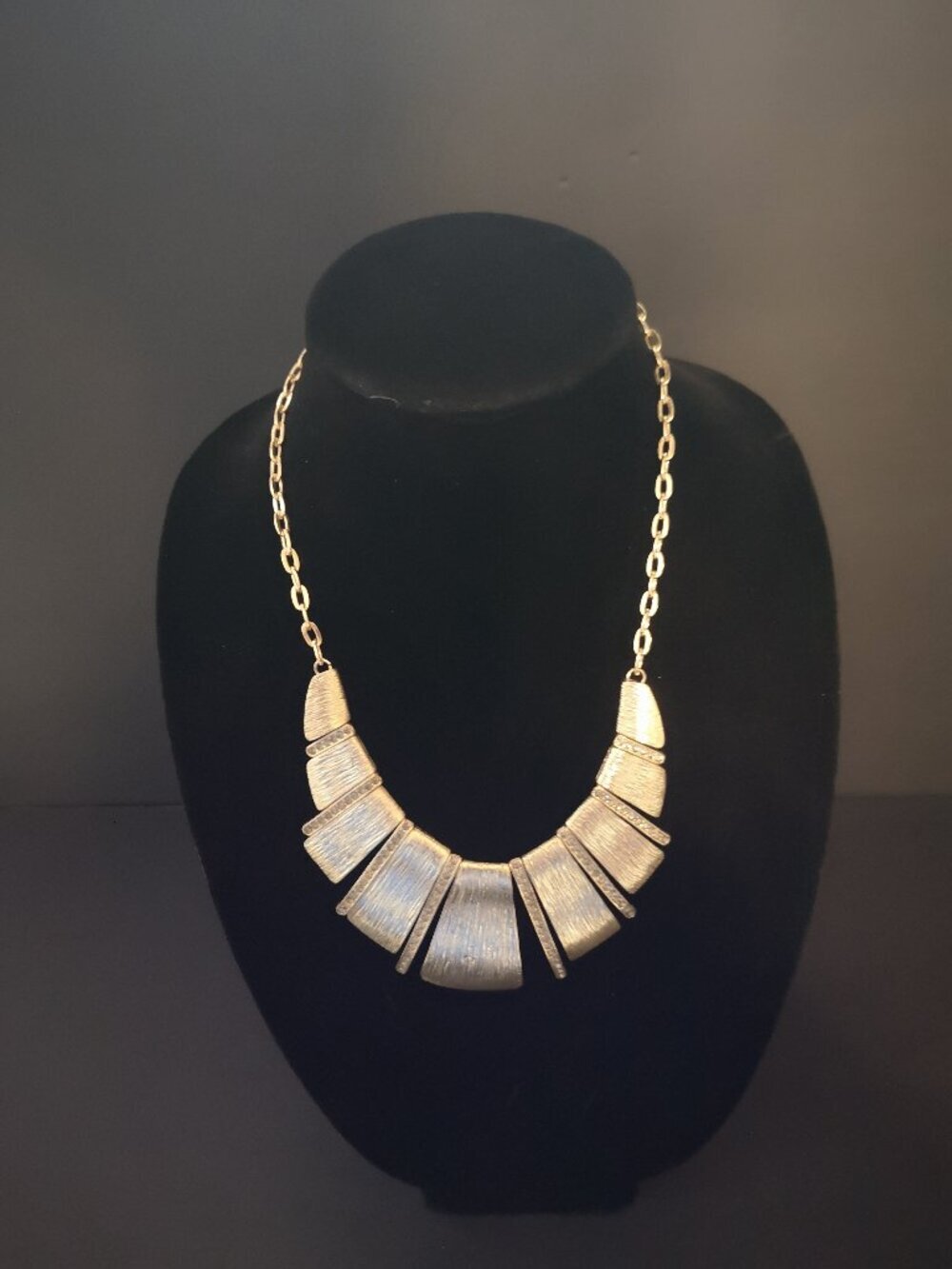 Alfani Gold Tone Metal Brushed Texture Statement Necklace w/Dk Grey Rhinestones